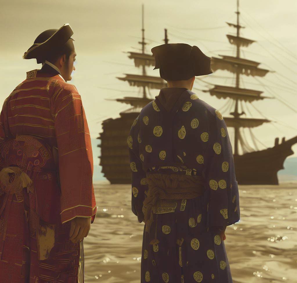 two men one wearing medieval Japanese dress and another medieval Chinese dress looking at old medieval European ship at a distance --ar 2:3