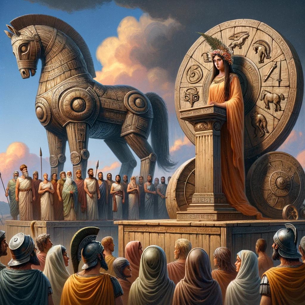 Illustration showcasing Cassandra, adorned with symbols of prophecy, on a raised platform with a vast Trojan horse in the background. A diverse crowd of ancient Trojans look on with a mix of concern and curiosity.