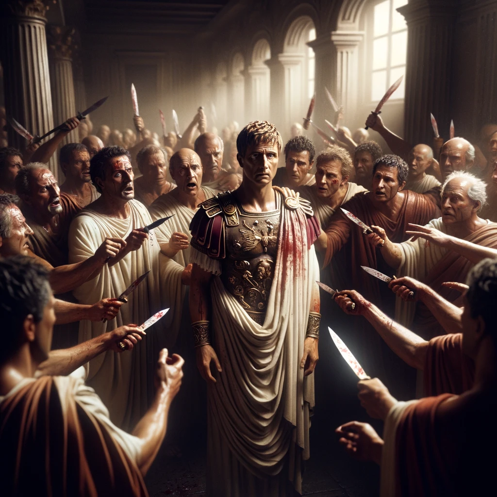 Caeser is horrified aand surprised of being stabbed by 40 senators and says Et tu Brutus?